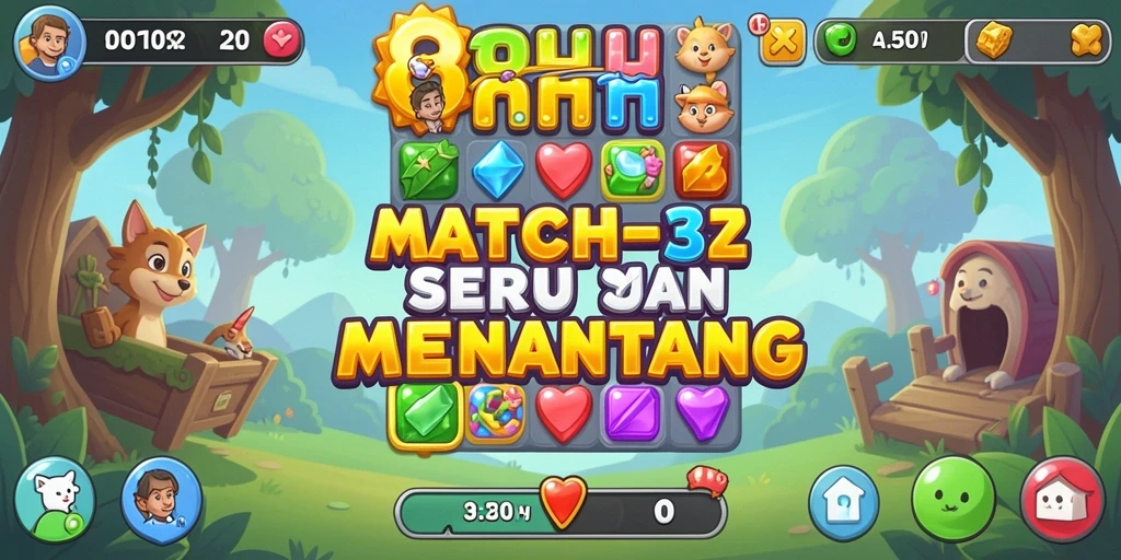 Screenshot gameplay 8HHH dengan level Match-3 yang penuh warna.