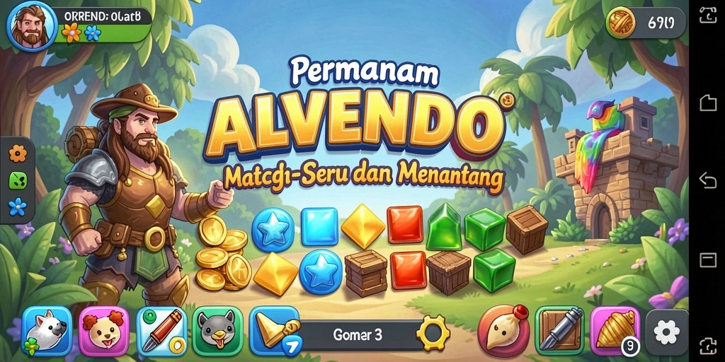 Screenshot gameplay ALVENDO menunjukkan keseruan mencocokkan permata.