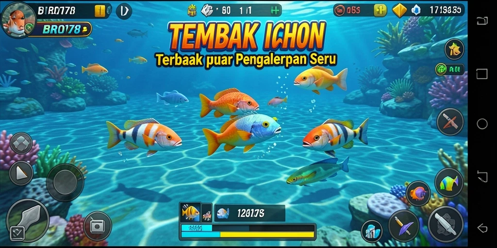 Tampilan gameplay seru dari BRO178 dengan beragam ikan yang menunggu untuk ditembak.