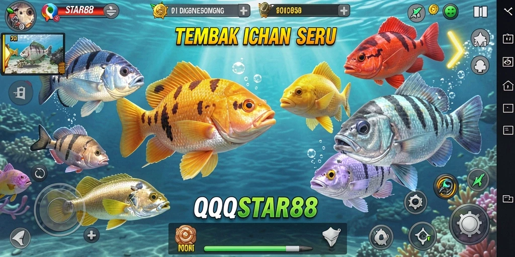 Tangkapan layar gameplay QQSTAR88 yang menampilkan aksi menembak ikan.