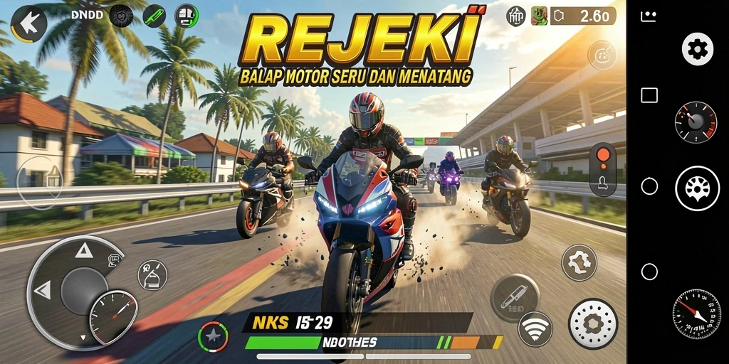 Tangkapan layar gameplay REJEKI menampilkan balapan motor yang seru.