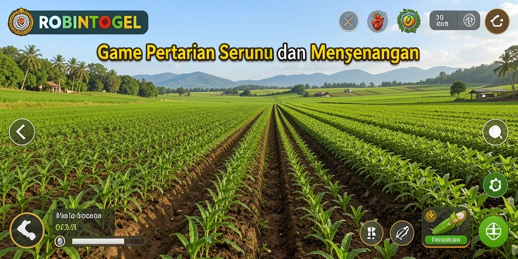 Tampilan gameplay <strong>ROBINTOGEL</strong> yang menggambarkan suasana pertanian yang hidup.