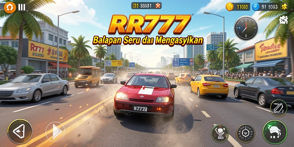 Tampilan gameplay RR777 yang mendebarkan dengan mobil balap cepat.