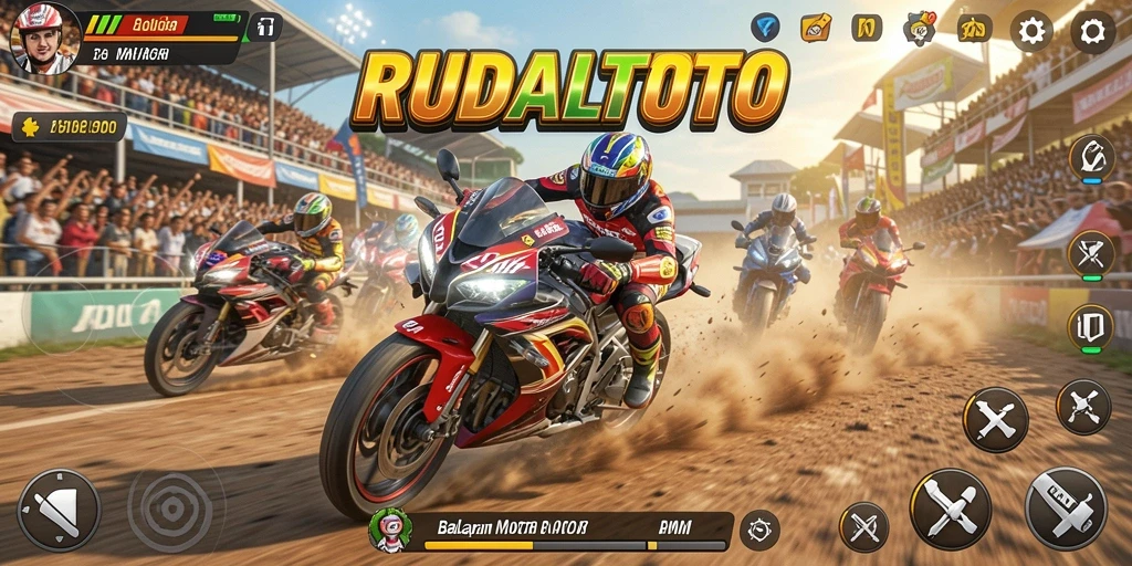 Tampilan gameplay menarik dari RUDALTOTO saat balapan motor.