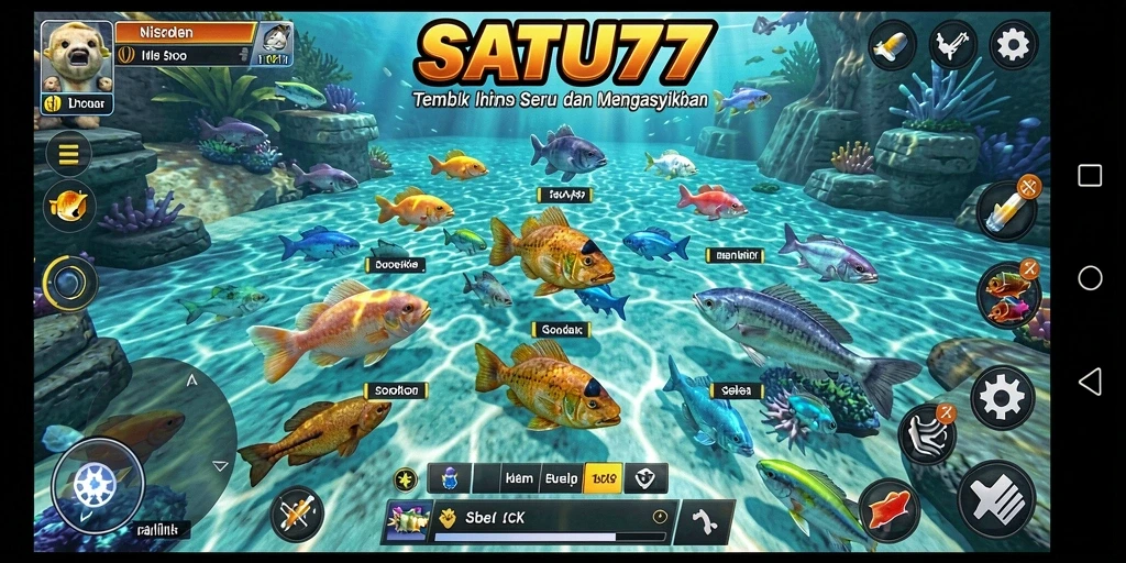 Tampilan gameplay seru dalam SATU77, menangkap ikan besar.