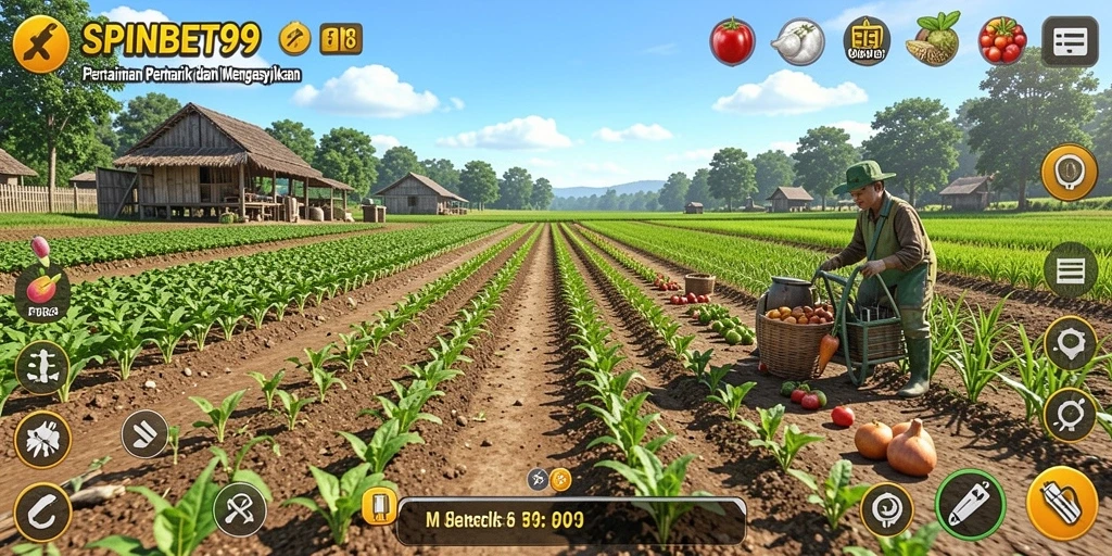 Tampilan gameplay SPINBET99 dengan kebun yang luas dan beragam tanaman.