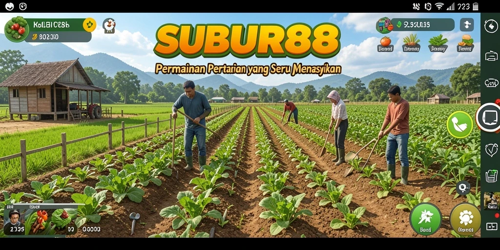 Tampilan gameplay SUBUR88 dengan lahan pertanian yang indah dan aktivitas harian petani.